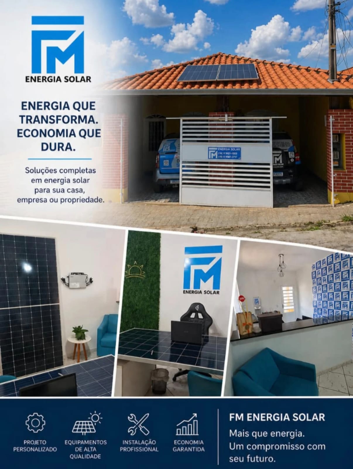 Fachada da sede da FM Energia Solar com veículos da frota
