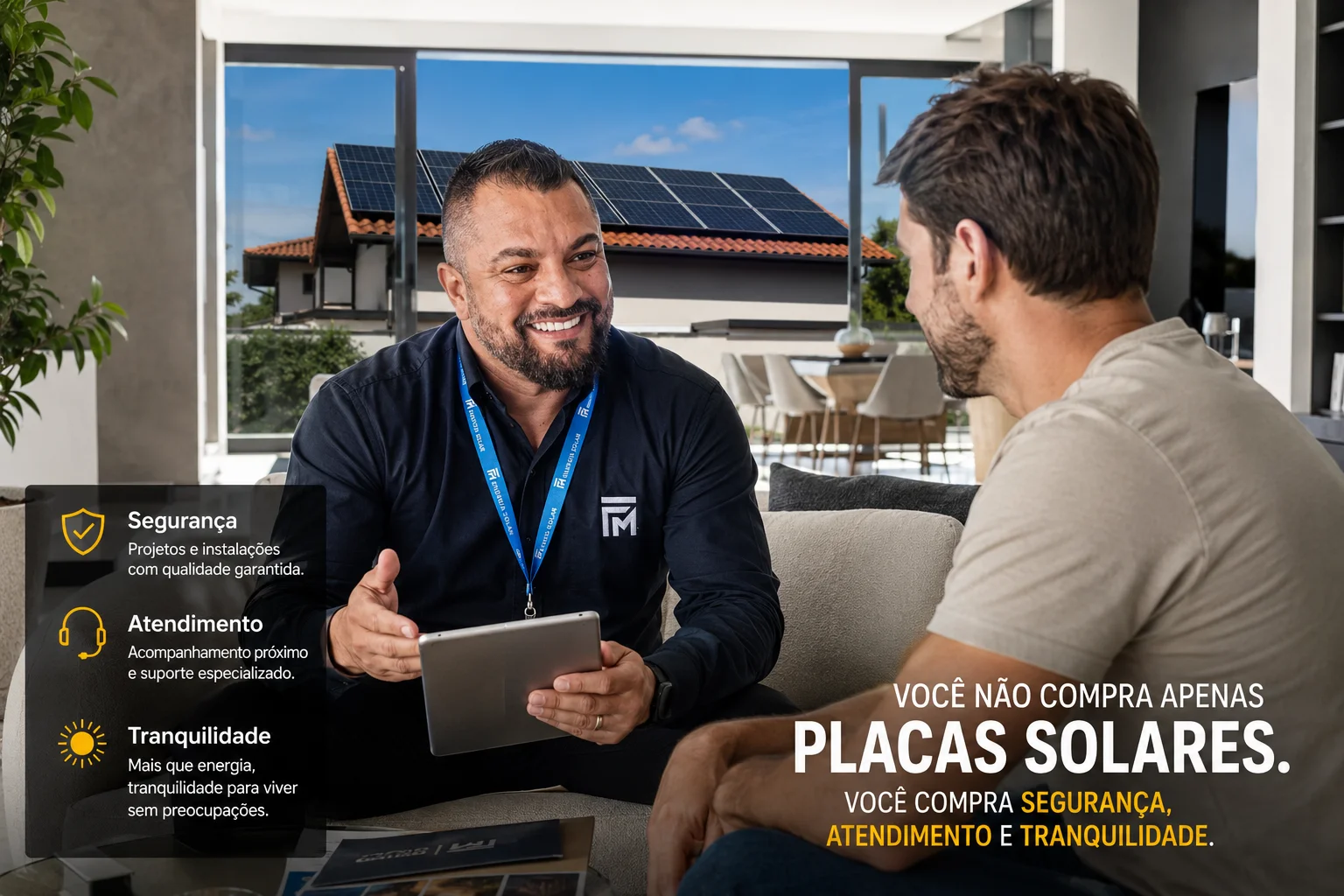 Consultor da FM Energia Solar atendendo cliente: segurança, atendimento e tranquilidade