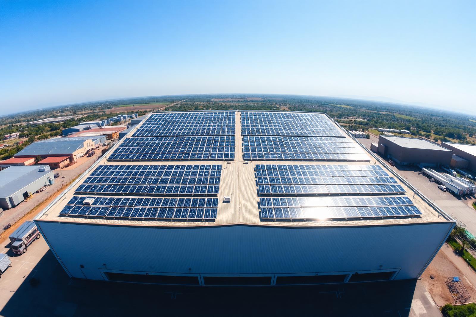Telhado comercial com painéis solares